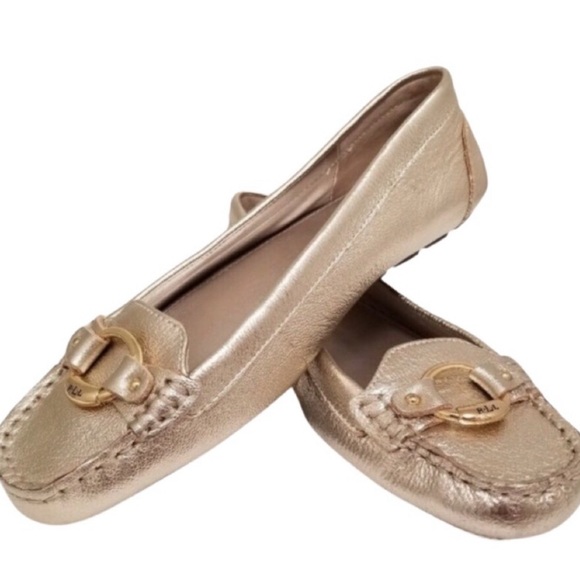 LAUREN RALPH LAUREN Cadence Gold Driving Moccasin Loafers Size 8.5 - Picture 1 of 9